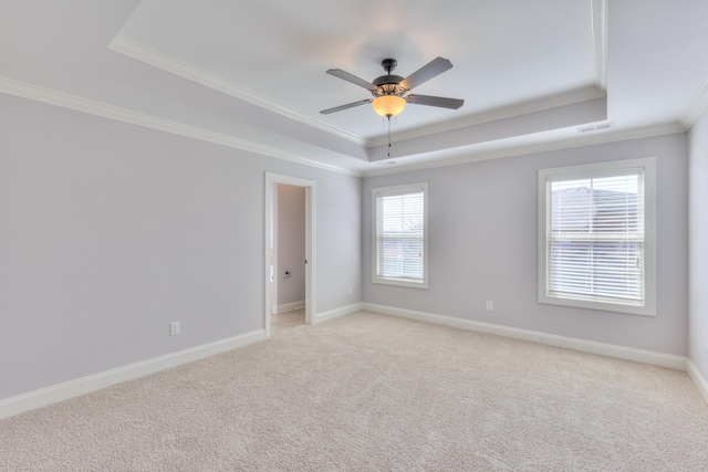 5502 Reflection Rd, Smyrna, TN 37167 - spare room featuring a tray ceiling, ornamental molding, light carpet, a ceiling fan, and baseboards