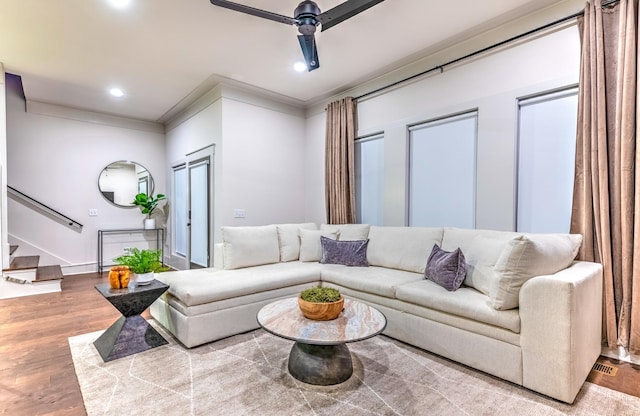 1108 Greenwood Ave, Nashville, TN 37206 - living room featuring a ceiling fan, wood finished floors, stairway, recessed lighting, and ornamental molding