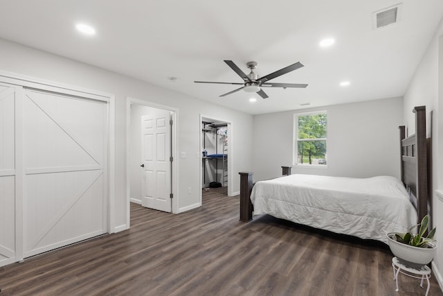 176 S Palmers Chapel Rd, White House, TN 37188 - bedroom featuring dark wood-style flooring, recessed lighting, baseboards, and a ceiling fan