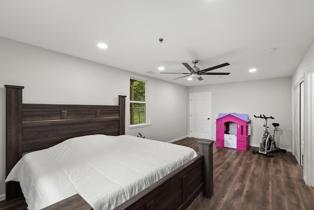 176 S Palmers Chapel Rd, White House, TN 37188 - bedroom with baseboards, recessed lighting, dark wood finished floors, and ceiling fan