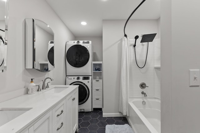 176 S Palmers Chapel Rd, White House, TN 37188 - bathroom with stacked washer / dryer, double vanity, tile patterned flooring, shower / bathtub combination with curtain, and recessed lighting