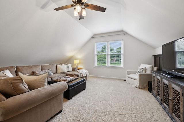 2723 Nottingham Ct, Thompsons Station, TN 37179 - living room with lofted ceiling, light carpet, ceiling fan, and baseboards
