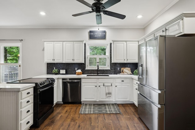 2723 Nottingham Ct, Thompsons Station, TN 37179 - kitchen featuring stainless steel appliances, a sink, a peninsula, light countertops, and crown molding