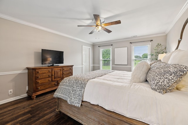 2723 Nottingham Ct, Thompsons Station, TN 37179 - bedroom with dark wood-style floors, baseboards, crown molding, and a ceiling fan