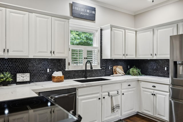 2723 Nottingham Ct, Thompsons Station, TN 37179 - kitchen with a sink, stainless steel fridge with ice dispenser, tasteful backsplash, crown molding, and white cabinets