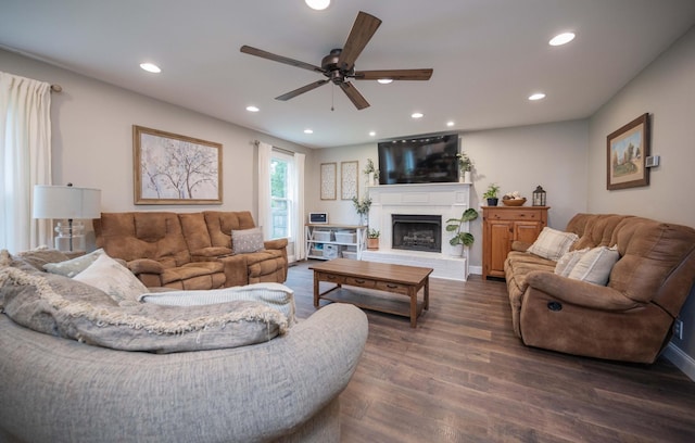 1711 Bridget Dr, Murfreesboro, TN 37129 - living room featuring ceiling fan, dark wood-type flooring, a fireplace with raised hearth, and recessed lighting