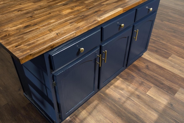 1313 W 46th St, Chattanooga, TN 37409 - detailed view of blue cabinets, dark wood-type flooring, and butcher block counters