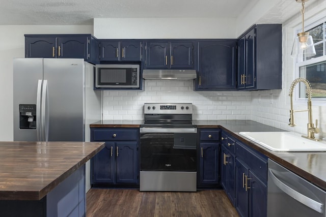 1313 W 46th St, Chattanooga, TN 37409 - kitchen with appliances with stainless steel finishes, butcher block countertops, under cabinet range hood, and a sink