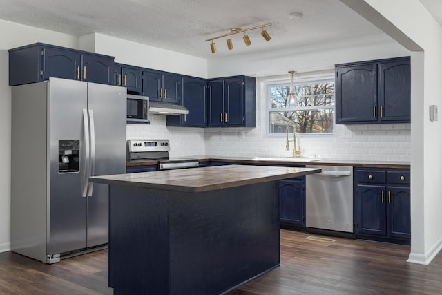 1313 W 46th St, Chattanooga, TN 37409 - kitchen featuring appliances with stainless steel finishes, blue cabinetry, wood counters, a sink, and a textured ceiling