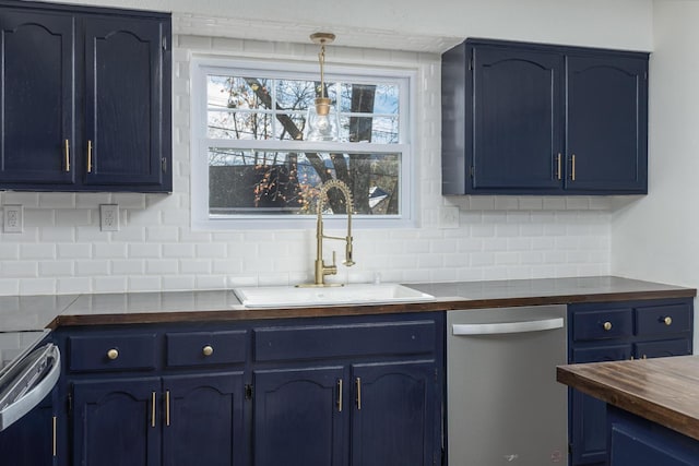 1313 W 46th St, Chattanooga, TN 37409 - kitchen featuring dishwasher, butcher block countertops, blue cabinets, and a sink
