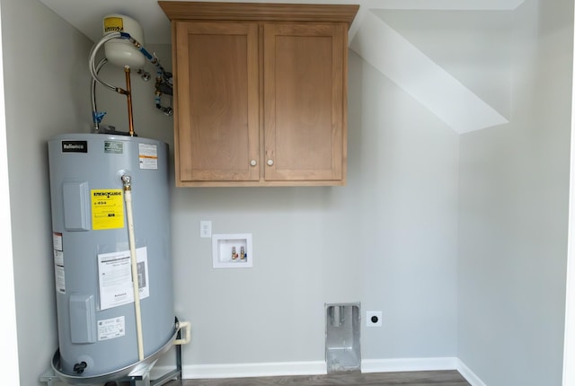 130 Mazie Dr, Lafayette, TN 37083 - laundry room with electric water heater, electric dryer hookup, cabinet space, hookup for a washing machine, and wood finished floors