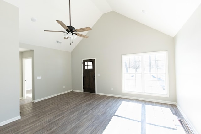 130 Mazie Dr, Lafayette, TN 37083 - foyer entrance featuring high vaulted ceiling, wood finished floors, ceiling fan, and baseboards