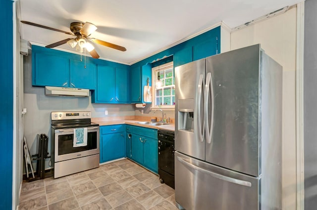 1203 Kingston Springs Rd, Kingston Springs, TN 37082 - kitchen with appliances with stainless steel finishes, a sink, under cabinet range hood, blue cabinetry, and ceiling fan