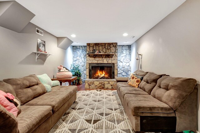 1203 Kingston Springs Rd, Kingston Springs, TN 37082 - living room featuring a fireplace, light wood-style floors, and recessed lighting