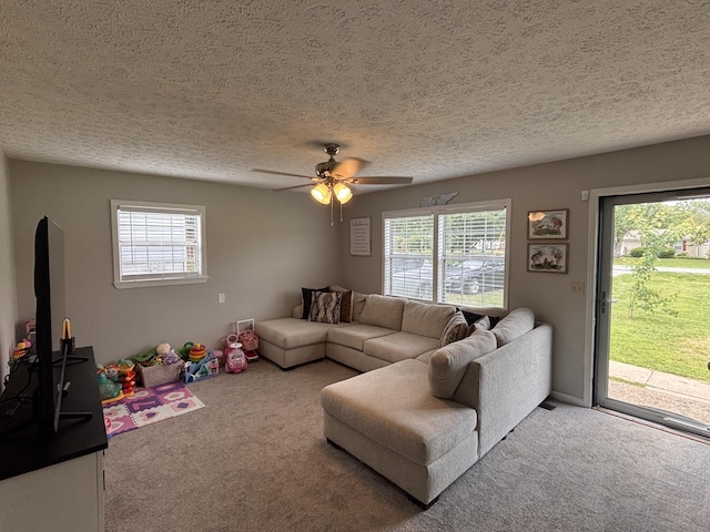 1040 Rebecca Dr, Burns, TN 37029 - carpeted living area with plenty of natural light, a ceiling fan, and a textured ceiling