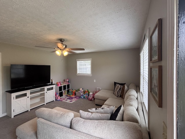 1040 Rebecca Dr, Burns, TN 37029 - living room with dark colored carpet, a textured ceiling, and ceiling fan