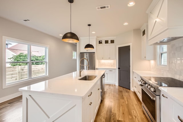 549B Stevenson St, Nashville, TN 37209 - kitchen featuring appliances with stainless steel finishes, premium range hood, a sink, light wood-type flooring, and recessed lighting