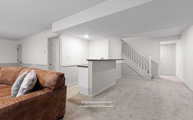 1234 Mountain Brook Cir, Signal Mountain, TN 37377 - living area with light carpet, stairway, and wainscoting