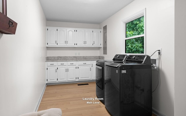 1234 Mountain Brook Cir, Signal Mountain, TN 37377 - washroom featuring separate washer and dryer, light wood-style flooring, baseboards, and cabinet space