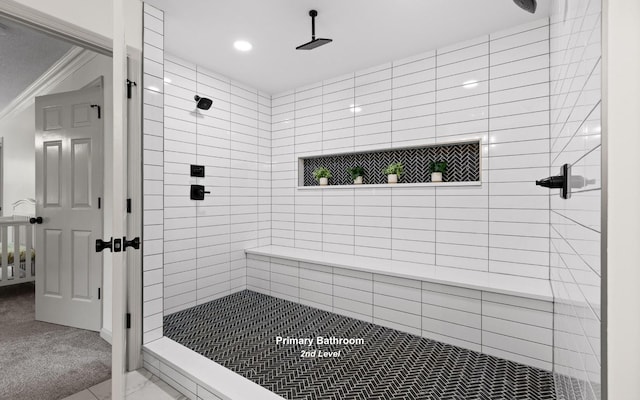 1234 Mountain Brook Cir, Signal Mountain, TN 37377 - full bath with ornamental molding, tiled shower, and recessed lighting