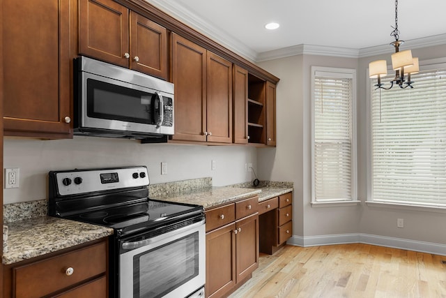 849 Graysville Rd, Chattanooga, TN 37421 - kitchen featuring appliances with stainless steel finishes, light wood finished floors, open shelves, baseboards, and a chandelier
