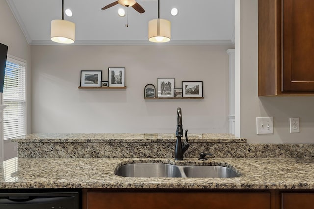 849 Graysville Rd, Chattanooga, TN 37421 - kitchen with crown molding, a sink, ceiling fan, black dishwasher, and light stone counters