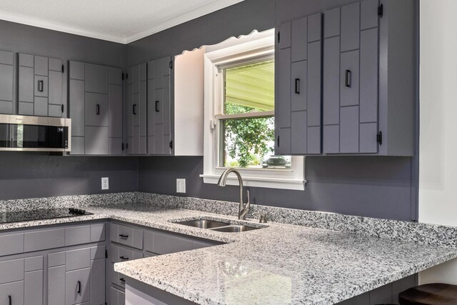 2729 Heights Circle Rd, Greenbrier, TN 37073 - kitchen featuring stainless steel microwave, a sink, gray cabinets, black electric cooktop, and crown molding