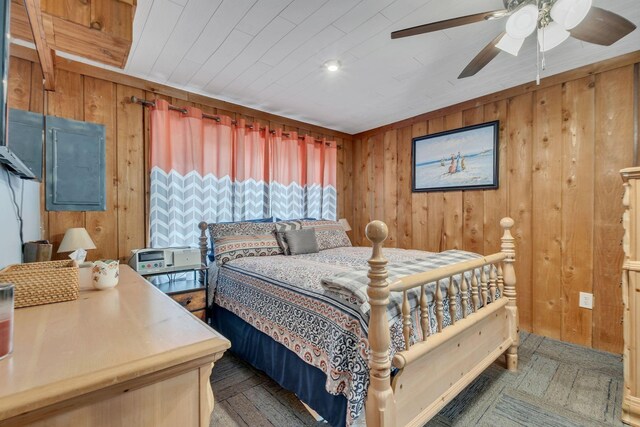 2729 Heights Circle Rd, Greenbrier, TN 37073 - bedroom featuring wooden walls, electric panel, wooden ceiling, and ceiling fan