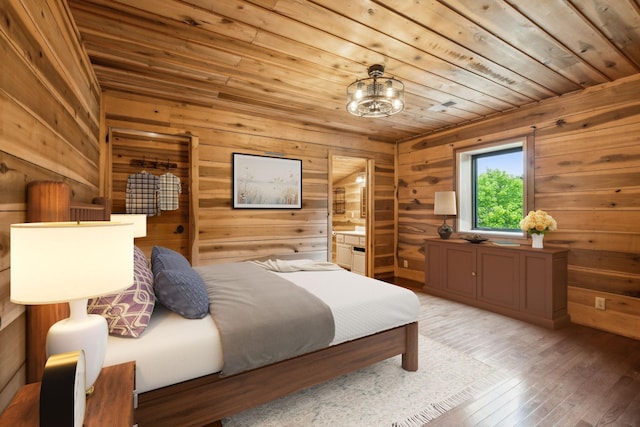210 S 3rd St, Dickson, TN 37055 - bedroom with wood walls, wood ceiling, light wood-style floors, a chandelier, and ensuite bathroom