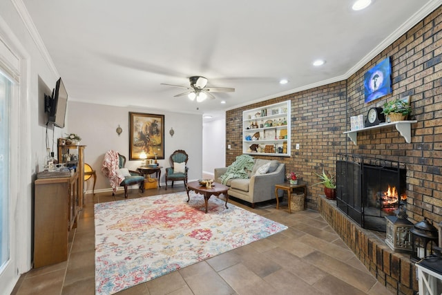 1106 5th Ave, Lawrenceburg, TN 38464 - living room with recessed lighting, a brick fireplace, a ceiling fan, crown molding, and baseboards