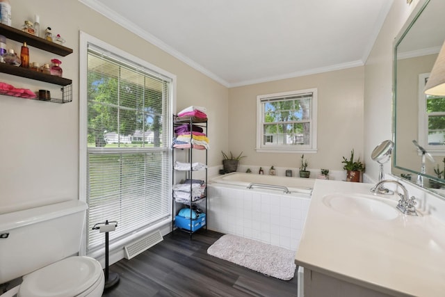 1106 5th Ave, Lawrenceburg, TN 38464 - full bathroom with toilet, wood finished floors, crown molding, vanity, and a garden tub