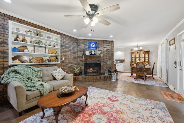 1106 5th Ave, Lawrenceburg, TN 38464 - living area featuring crown molding, ceiling fan, a brick fireplace, a chandelier, and brick wall