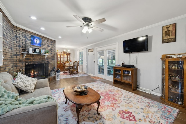 1106 5th Ave, Lawrenceburg, TN 38464 - living room featuring crown molding, baseboards, ceiling fan, a fireplace, and recessed lighting