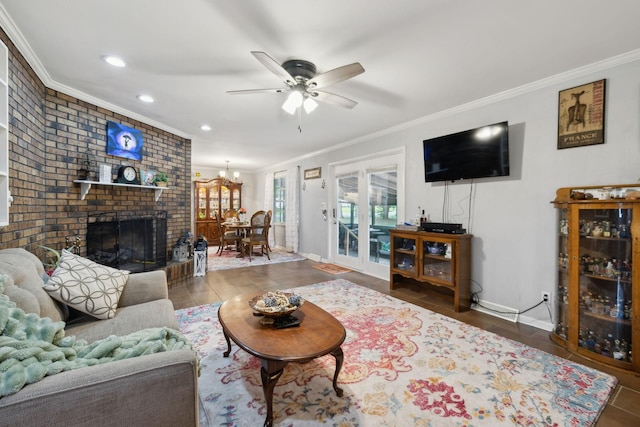 1106 5th Ave, Lawrenceburg, TN 38464 - living room featuring ornamental molding, baseboards, a ceiling fan, recessed lighting, and a brick fireplace
