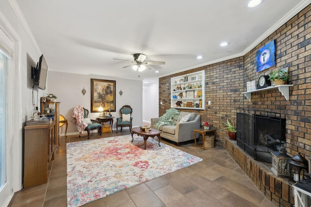 1106 5th Ave, Lawrenceburg, TN 38464 - living room featuring recessed lighting, a ceiling fan, a brick fireplace, ornamental molding, and brick wall