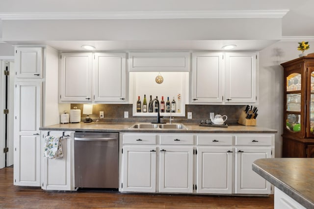 1106 5th Ave, Lawrenceburg, TN 38464 - kitchen with dishwasher, a sink, white cabinets, and crown molding