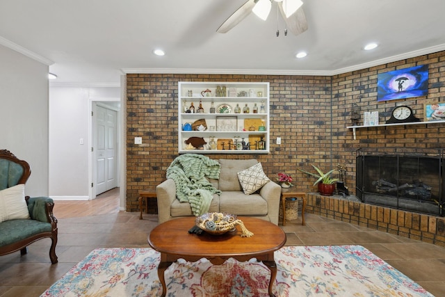 1106 5th Ave, Lawrenceburg, TN 38464 - tiled living room featuring ornamental molding, ceiling fan, brick wall, baseboards, and recessed lighting