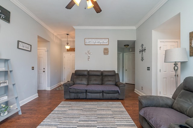 409 Princeton Dr, Lebanon, TN 37087 - living room featuring ceiling fan, crown molding, dark wood-type flooring, and baseboards