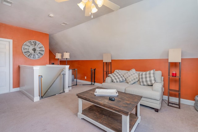 409 Princeton Dr, Lebanon, TN 37087 - living room with carpet floors, vaulted ceiling, a ceiling fan, and baseboards