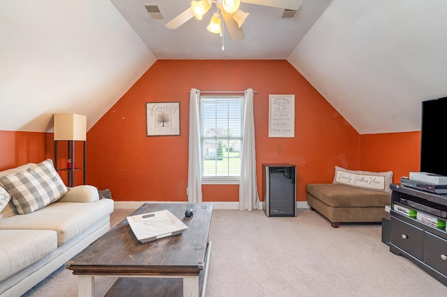 409 Princeton Dr, Lebanon, TN 37087 - living room featuring light colored carpet, ceiling fan, vaulted ceiling, and baseboards