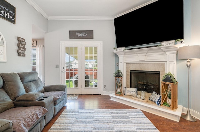 409 Princeton Dr, Lebanon, TN 37087 - living room with wood finished floors, crown molding, a high end fireplace, and french doors