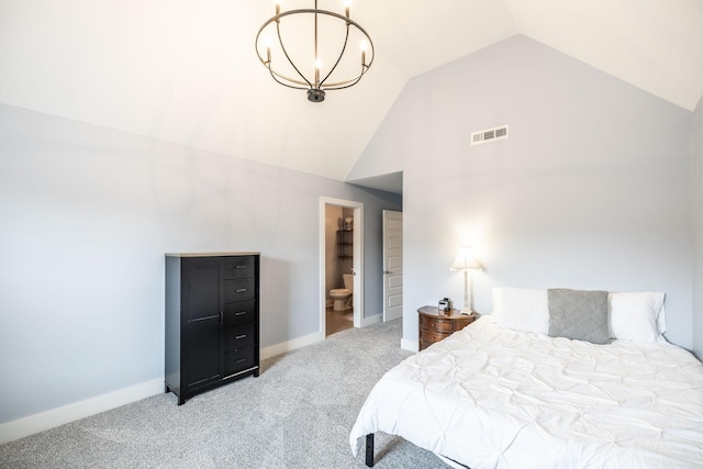 1039 Laffite Way, Gallatin, TN 37066 - bedroom with carpet, high vaulted ceiling, ensuite bathroom, baseboards, and a chandelier
