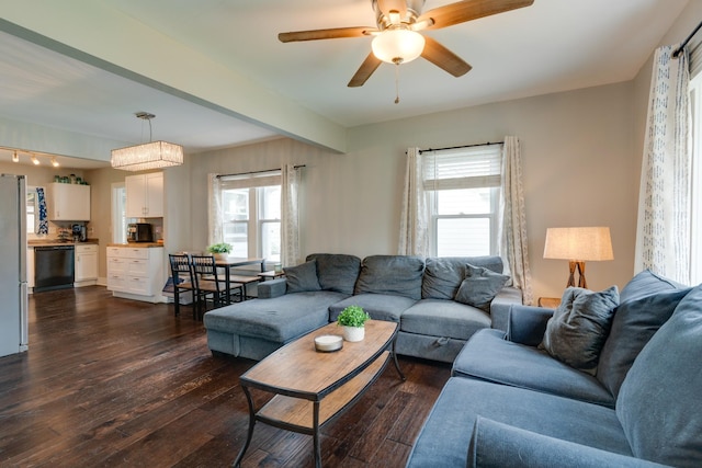 158 W Hite St, Gallatin, TN 37066 - living room featuring dark wood-style flooring, ceiling fan, and beam ceiling