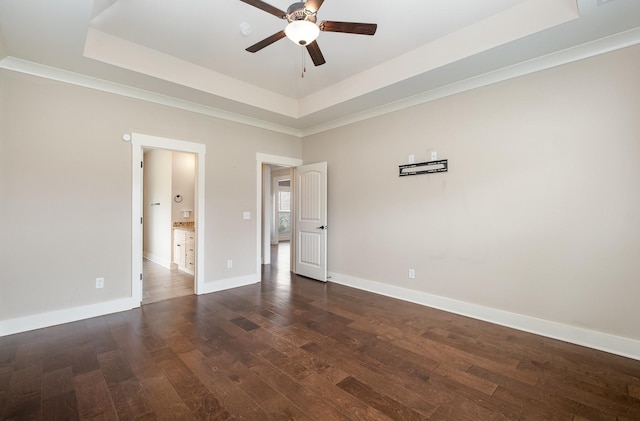 1130 Escalade Ct, Lascassas, TN 37085 - unfurnished bedroom with a tray ceiling, dark wood-style floors, baseboards, crown molding, and ceiling fan