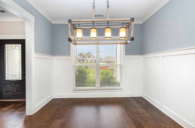 1130 Escalade Ct, Lascassas, TN 37085 - unfurnished dining area featuring a decorative wall, a wainscoted wall, crown molding, and dark wood-type flooring