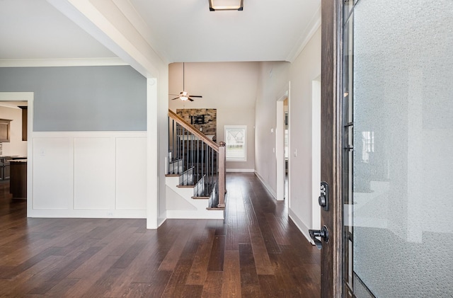 1130 Escalade Ct, Lascassas, TN 37085 - entryway featuring stairway, dark wood finished floors, ceiling fan, a decorative wall, and wainscoting