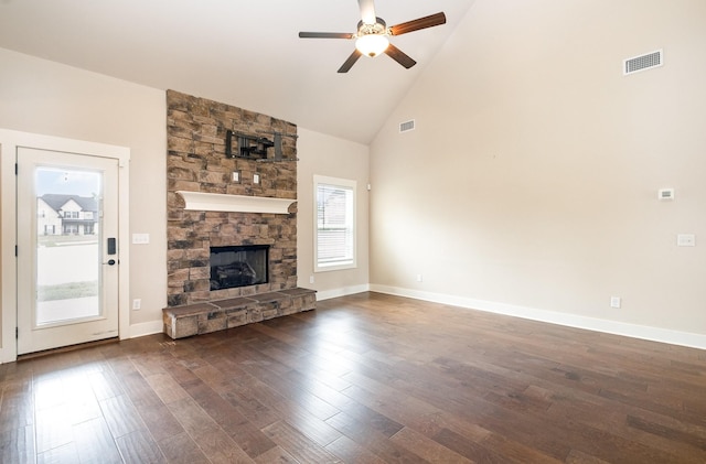 1130 Escalade Ct, Lascassas, TN 37085 - unfurnished living room with ceiling fan, dark wood finished floors, a fireplace, high vaulted ceiling, and baseboards