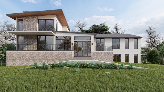 5307 Leipers Creek Rd, Franklin, TN 37064 - modern home with stone siding, a balcony, and a front yard