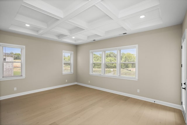 5971 Hunt Valley Dr, Spring Hill, TN 37174 - empty room with light wood-style floors, healthy amount of natural light, beam ceiling, coffered ceiling, and recessed lighting