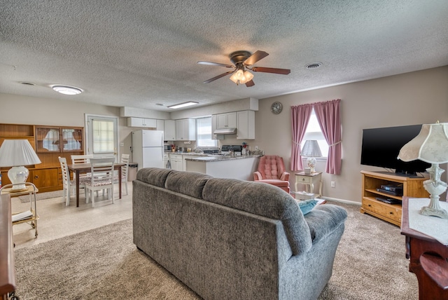 825 Oak St, Franklin, KY 42134 - living area with healthy amount of natural light, ceiling fan, a textured ceiling, and light colored carpet